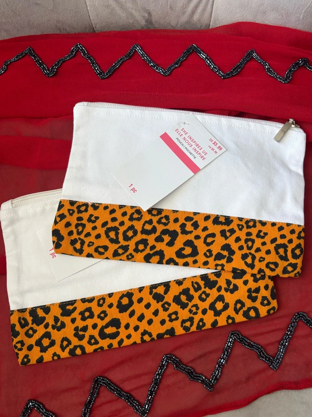 Unbranded White Cosmetic Pouch with Orange Leopard Trim